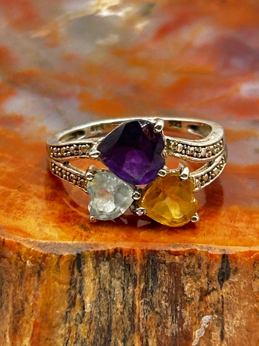 Sterling Silver Gemstone Heart Ring, amethyst, citrine and topaz - Size 6